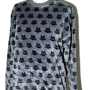 Original Clothing Pullover Top w Black Cat Faces Soft Grey Velour sz Large